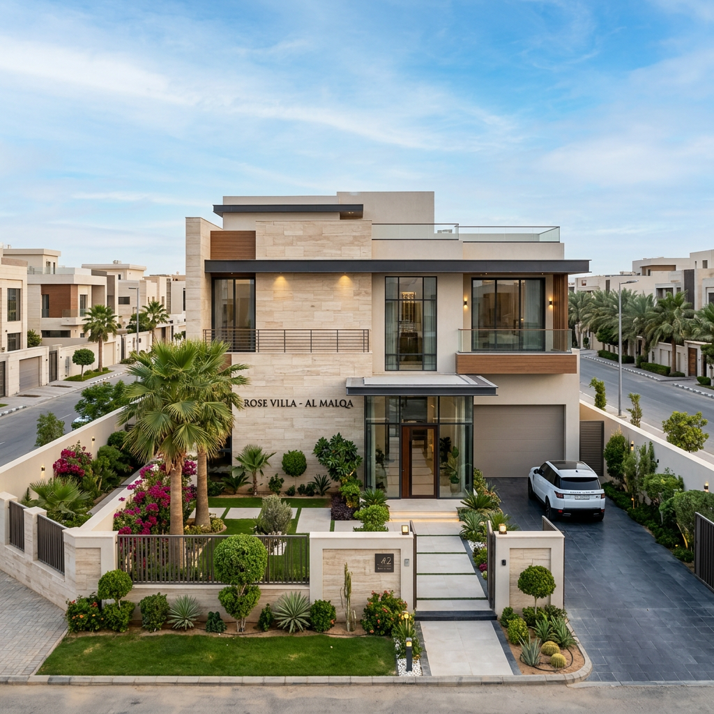 Modern villa with cream stone facade, large windows, and landscaped front yard with palm trees and shrubs